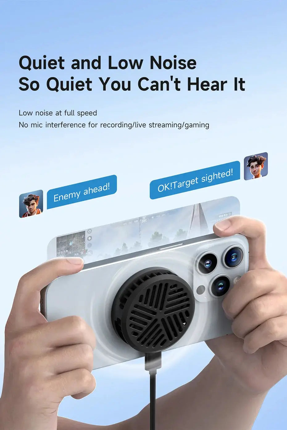 Hagibis magnetic phone cooler on white iPhone with black circular cooling fan; Simples Market