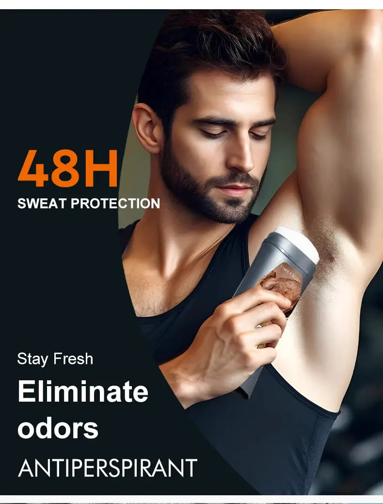 Men's antiperspirant deodorant stick in gray packaging applied to the underarm