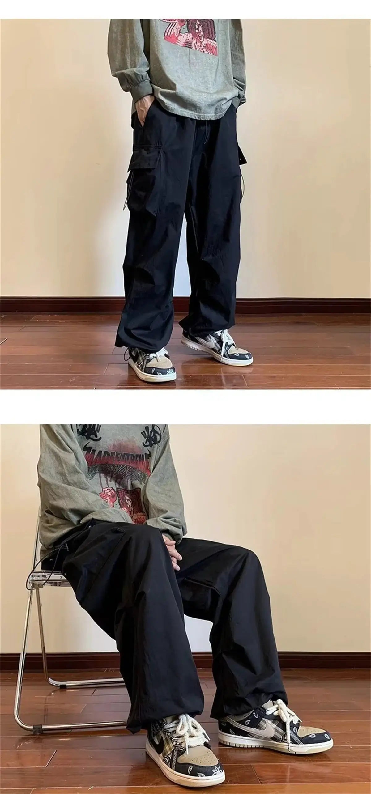 Simples Market streetwear cargo pants, black, elastic waist, multiple pockets, loose baggy fit