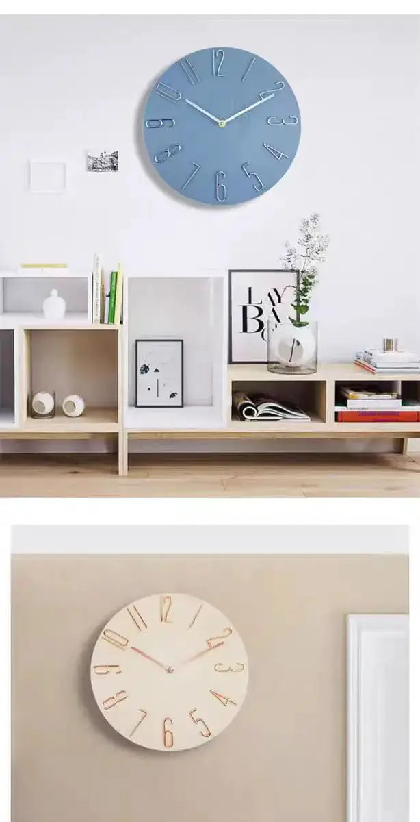 Two 30cm wall clocks: blue Nordic-style clock with no second hand and cream clock with copper numerals.
