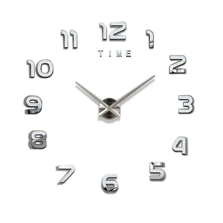 Wall clock with large 3D silver numerals and silver hands, modern home decor.