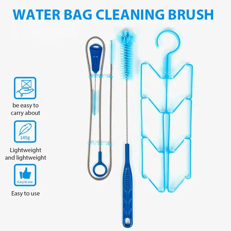 Hydration water bladder cleaning kit, 4-piece blue and silver set with brushes and hanger by Simples Market