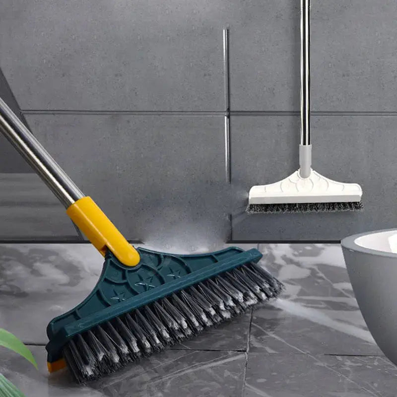 Bathroom floor brush set by Simples Market; two long-handled cleaners, teal/yellow floor brush and white scrub brush.