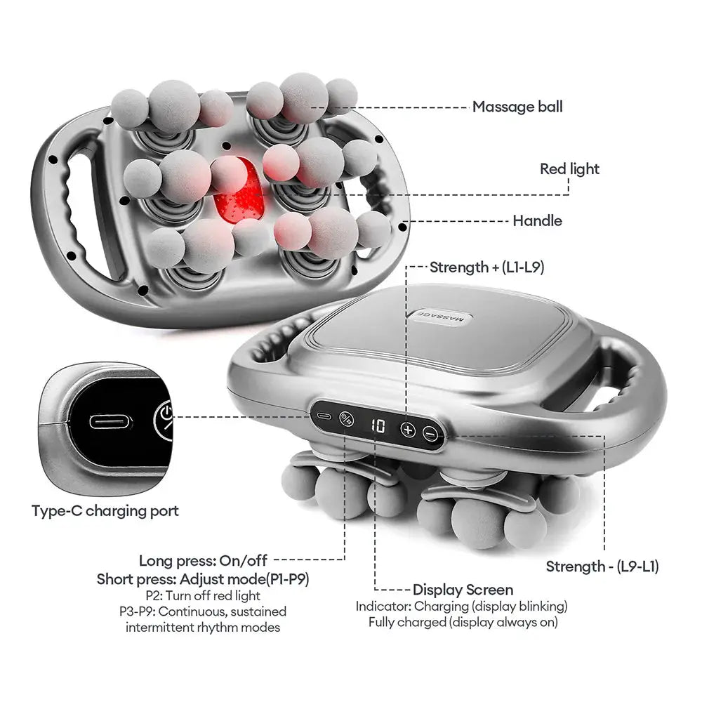 Simples Market fascia gun massager, silver body with 42 grey massage heads