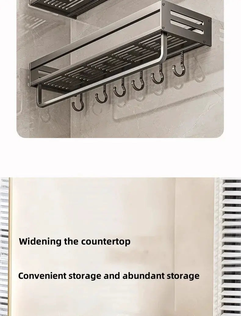 No-drill aluminum corner bathroom shelf by Simples Market with 6 hooks for shampoo and towels, wall-mounted storage