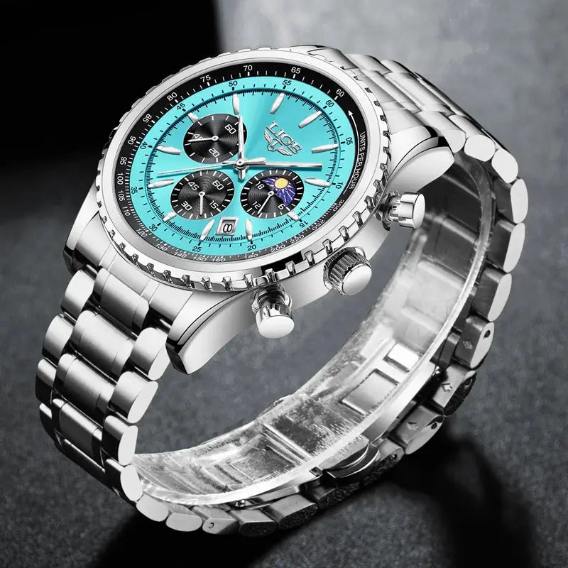 LIGE men's stainless steel wristwatch with turquoise dial, chronograph subdials and date window