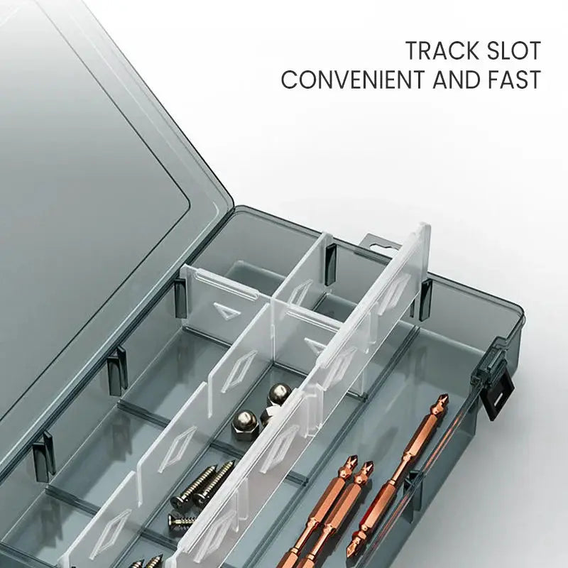 AIRAJ plastic tool parts box, clear with thickened grid dividers; holds screws and four copper drill bits.