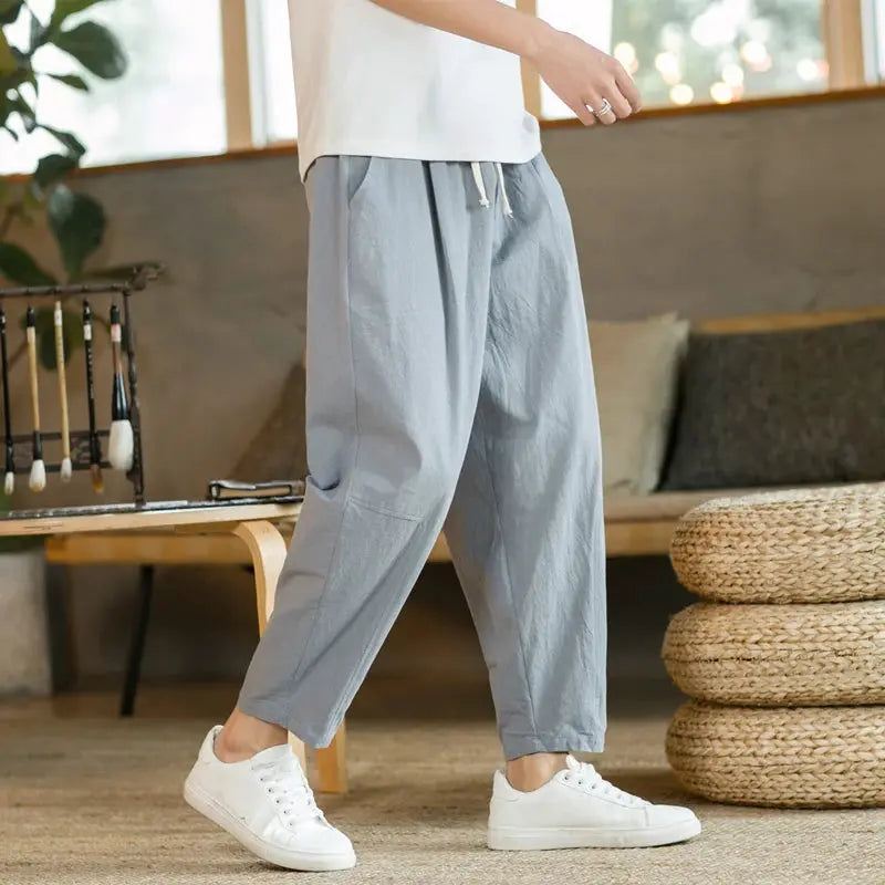 Mens Cotton Linen Solid Color Casual Pants Breathable Loose Fit Trousers With Drawstring Waist Streetwear