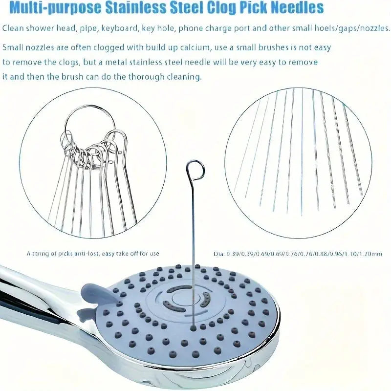 PureFlow Stainless Steel Needle Shower Head Cleaning Brush Set For Clogged Nozzles And Fits Multiple Shower Head Sizes