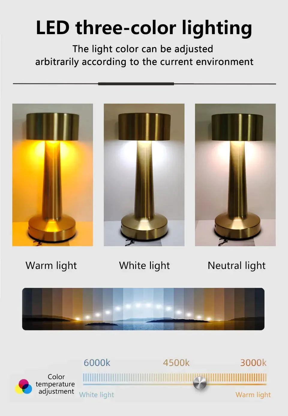 LED table light with brass metal base; touch-controlled, rechargeable, three color options: warm, white, neutral
