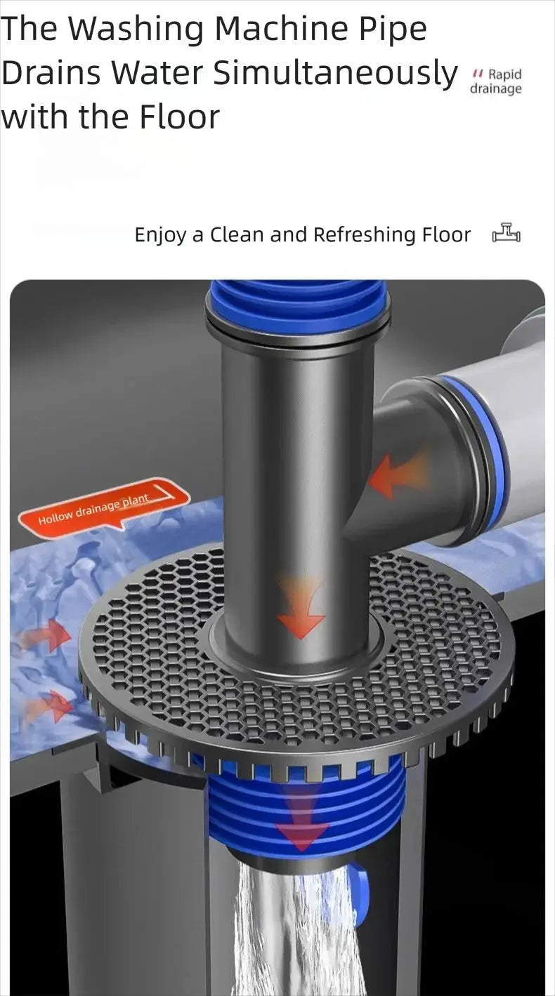 Simples Market universal washing machine floor drain with 2-in-1 sewer connector, gray plastic and blue seals