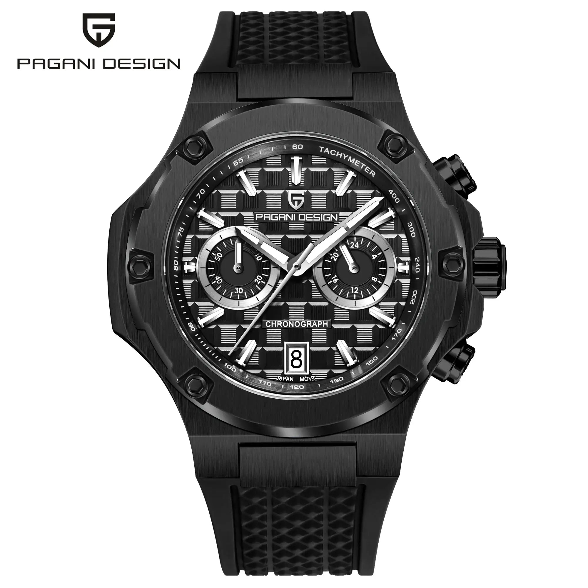 Pagani Design men's chronograph watch with black fluororubber strap and textured dial