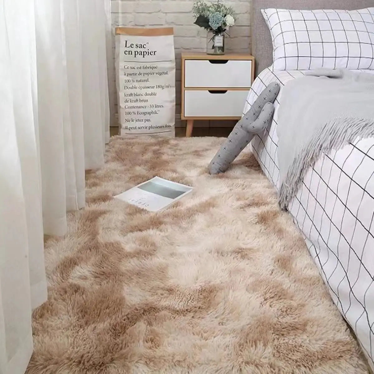 Soft shag area rug beige plush bedroom bedside rug for cozy living spaces