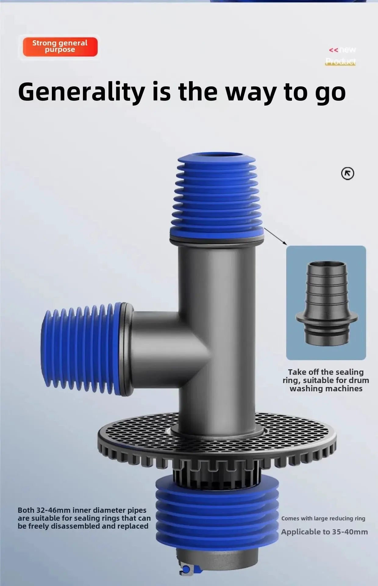 Simples Market universal washing machine floor drain 2-in-1 sewer connector with blue ribbed hose adapters on metal body