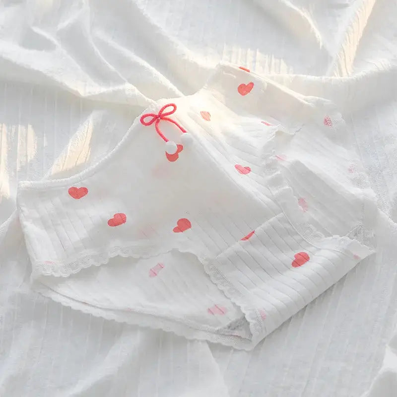 Cotton women's underwear set, 5Pcs by Simples Market, white briefs with pink hearts, lace trim and bow
