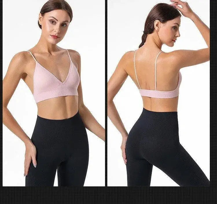 Simples Market V-neck seamless triangle-cup bra camisole for women; pink, breathable stretch fabric, front and back.