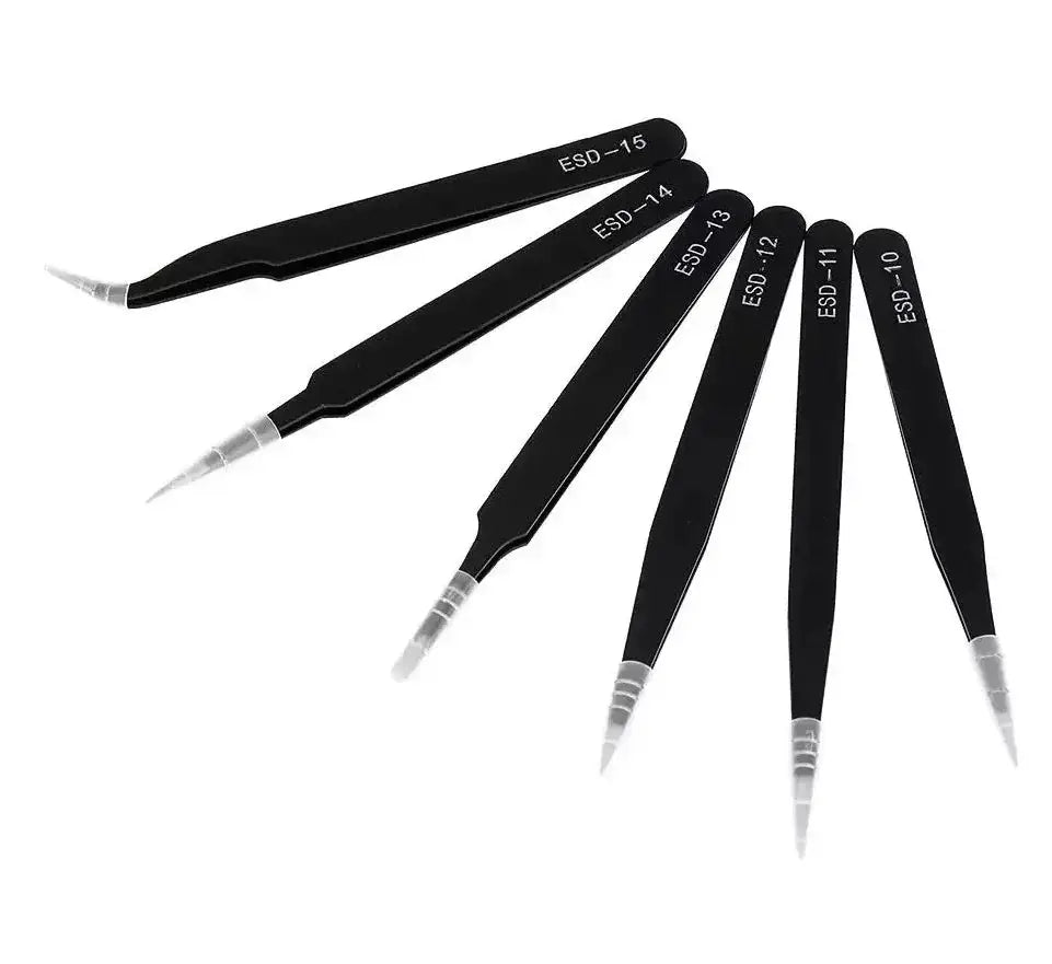 Antistatic Stainless Steel Tweezers 6 Piece Set for Precision Electronics Repair and Model Making Curved Tips
