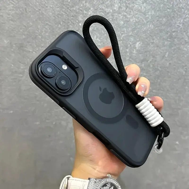 Simples Market MagSafe wrist-strap case for iPhone 16/15/14/17 Pro Max, matte black, magnetic, shockproof with lanyard