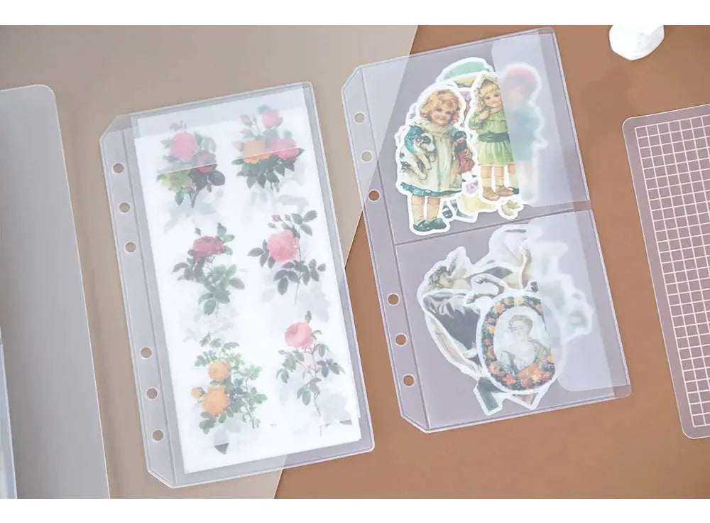 Simples Market A5 binder zipper folders, transparent; two folders shown with rose decor and sticker sheets.