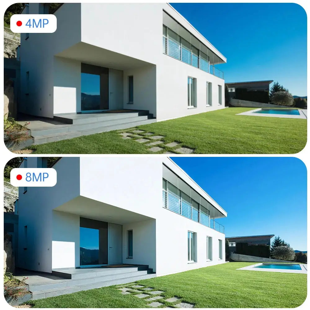 Outdoor solar WiFi security camera by Simples Market, 8MP dual-lens with built-in battery; two-panel image