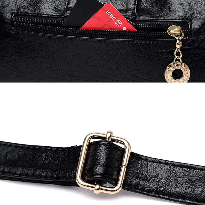 Women black leather multi-layer top-handle bag with gold-tone hardware and zip pocket.