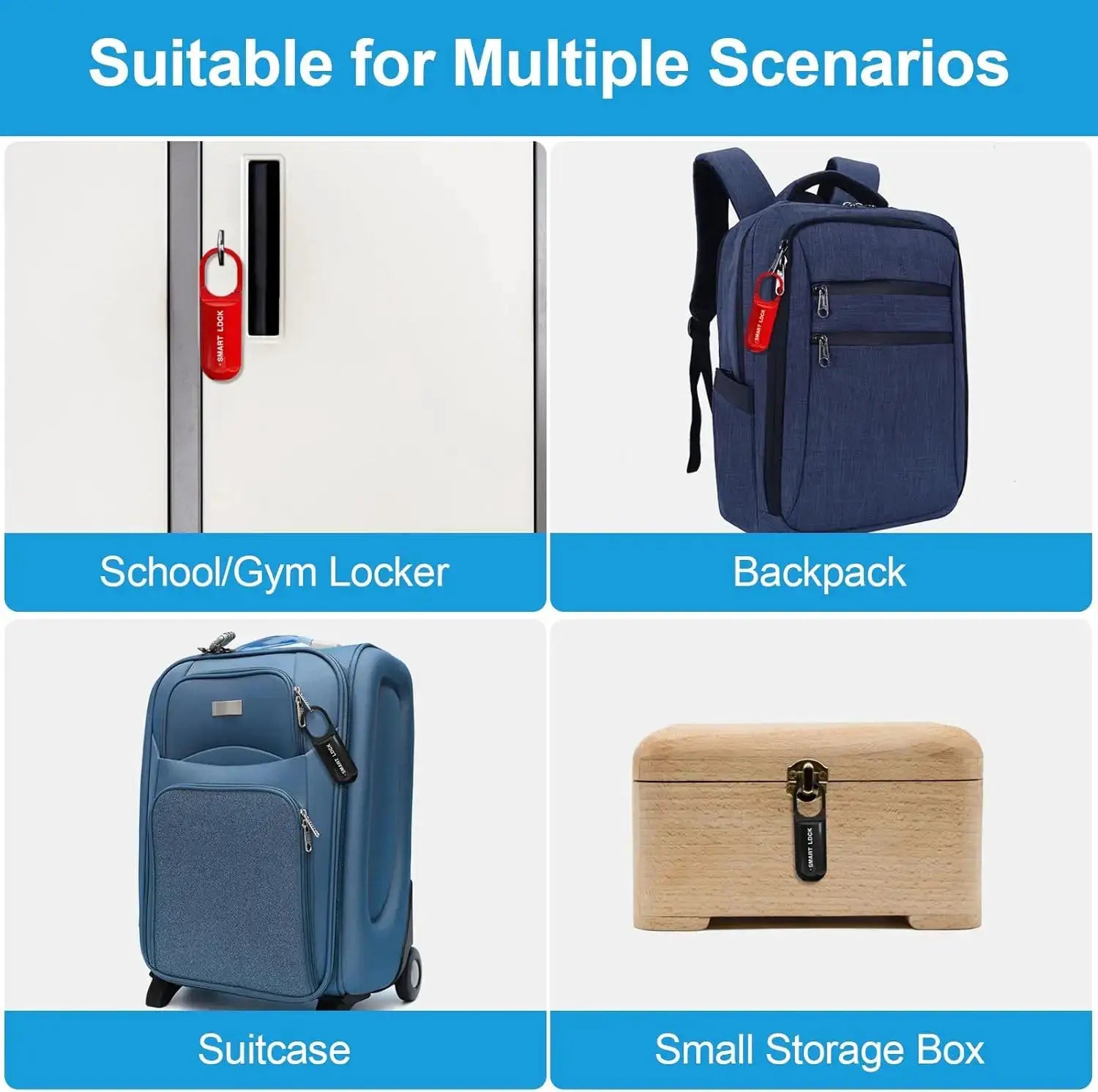 Mini Smart Fingerprint Lock by Simples Market; red biometric padlock shown on a school locker and a backpack.