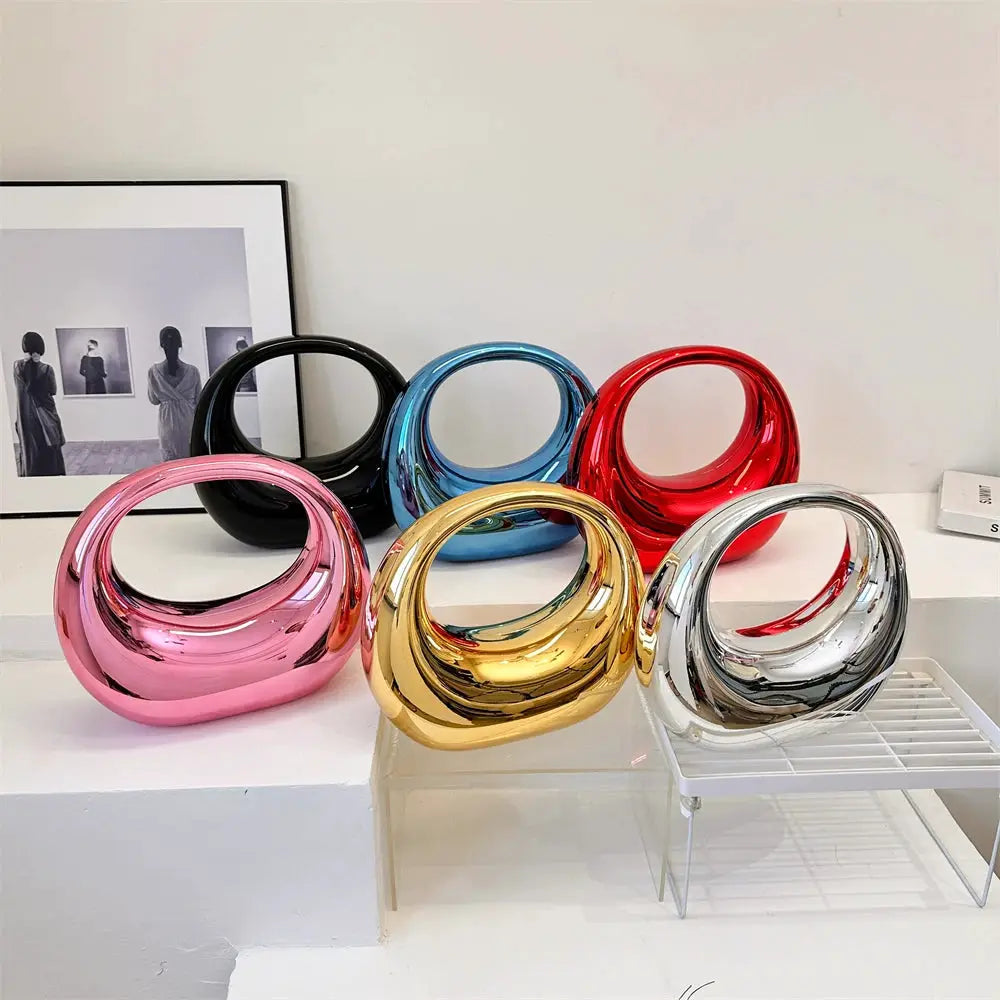 MOODS round metallic PVC wrist handbags set by Simples Market in six colors pink, gold, silver, blue, red, black