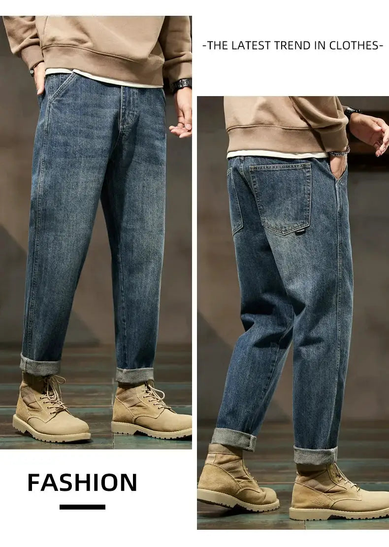 Men's loose-harem denim pants by Simples Market; blue retro straight jeans with cuffed hems