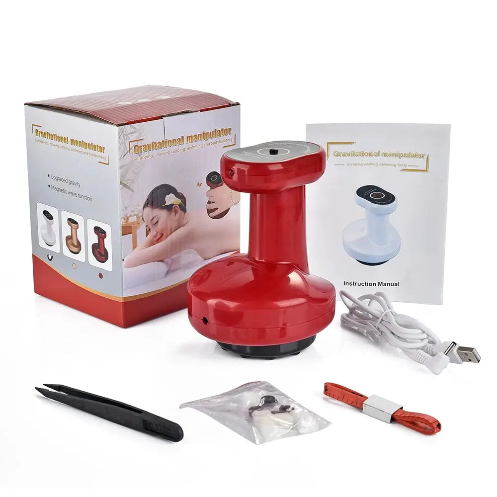 Electric cupping massage device by Simples Market in red with USB cable and instruction manual