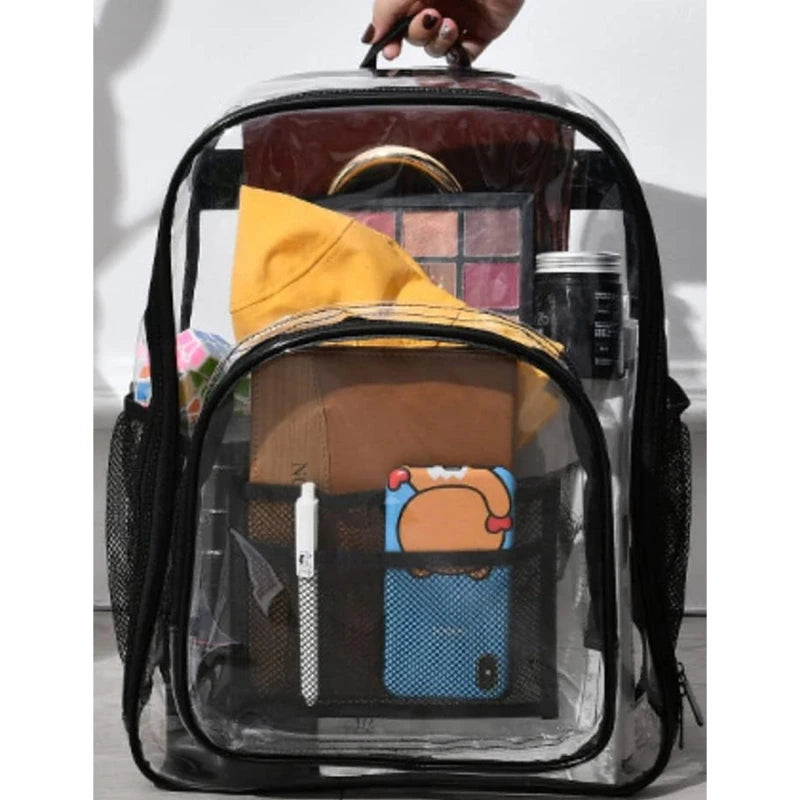 Transparent waterproof backpack with black trim; large-capacity clear school bag showing several items inside.