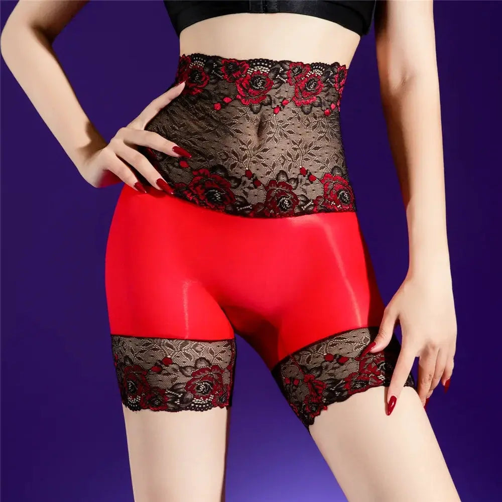 Red shiny high-waist lace-trimmed boyshorts with black floral lace panels