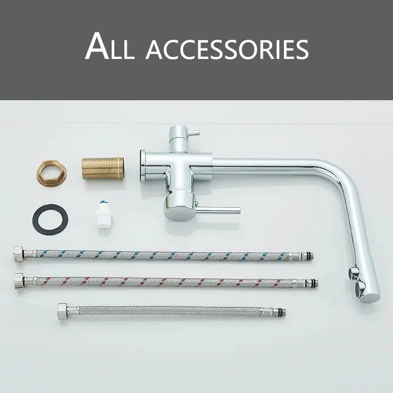 Simples Market chrome kitchen faucet with dual swivel spout and water filter; includes three hoses and fittings