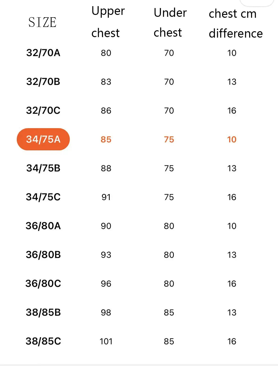 SP&CITY women's seamless bra size chart with upper chest and under bust measurements; 34/75A highlighted in orange