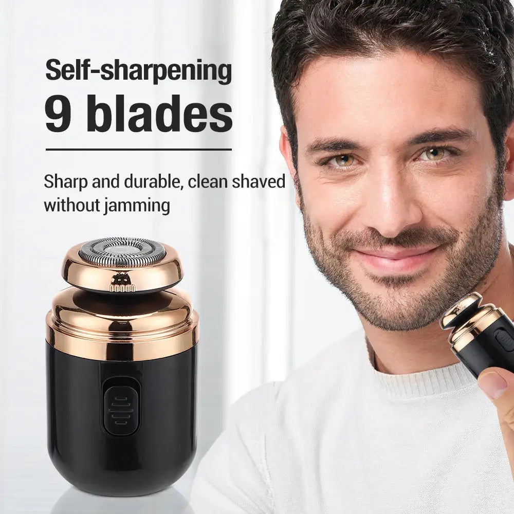 Mini travel electric razor by Simples Market, black body with rose-gold top and 9 blades.