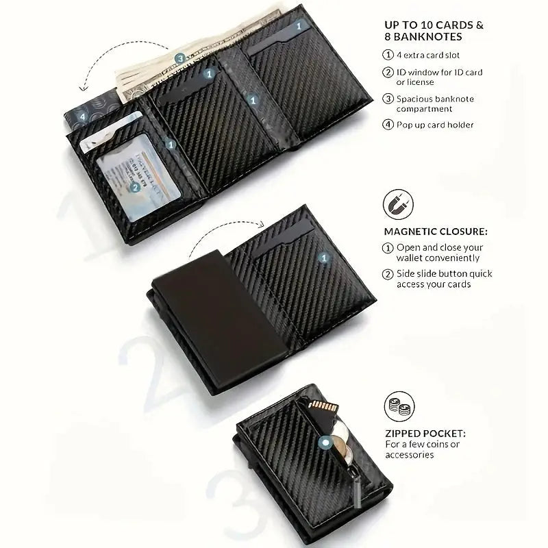 Unisex Minimalist Zipper Wallet With Coin Purse And Automatic Pop Up Metal Card Holder RFID Blocking