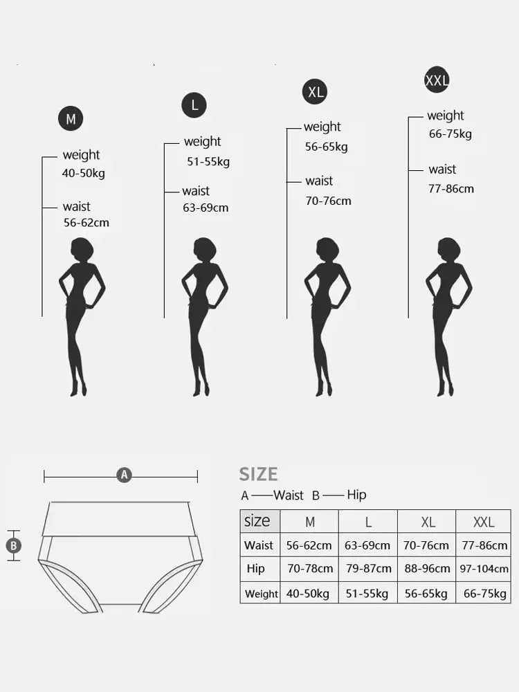 4-pack cotton women panties by Simples Market with waist/hip size chart