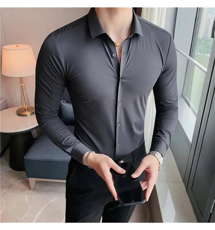 Plus Size 4XL High Elasticity Seamless Long Sleeve Shirt for Men, charcoal gray, slim fit