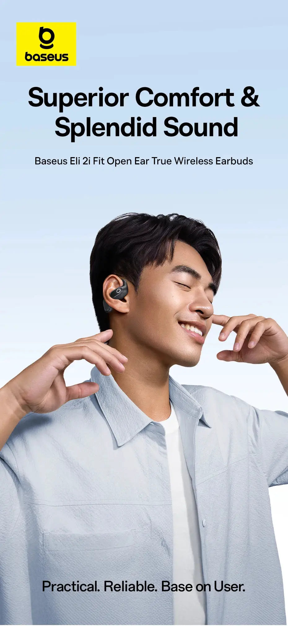 Baseus Eli 2i Fit open-ear true wireless earbuds, black with ear hooks, Baseus logo visible.