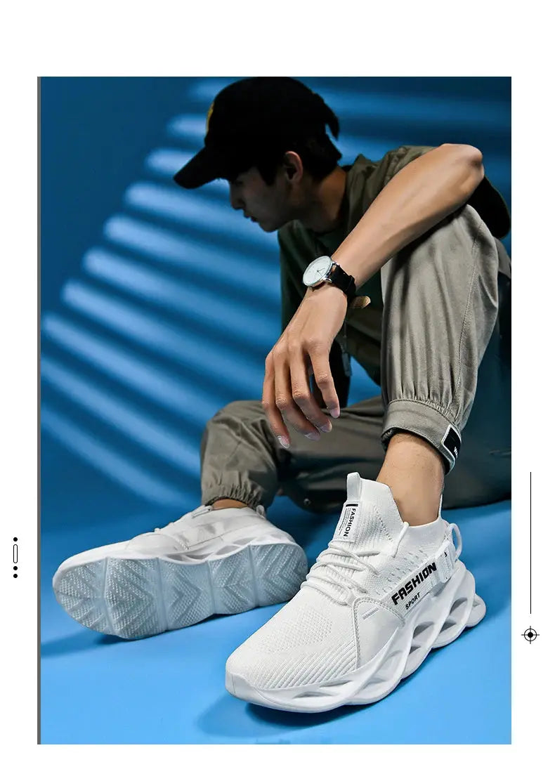 Men's white mesh sneakers with a thick, breathable sole for casual athletic wear.