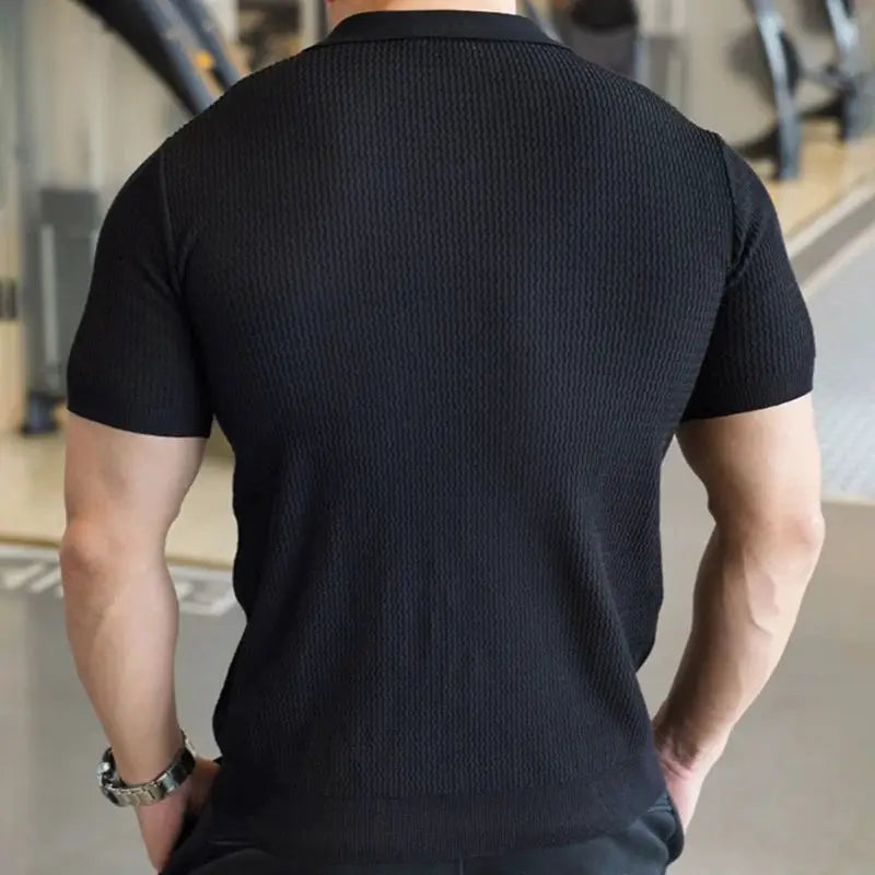 Men's knitted polo shirt, black textured knit, short sleeves
