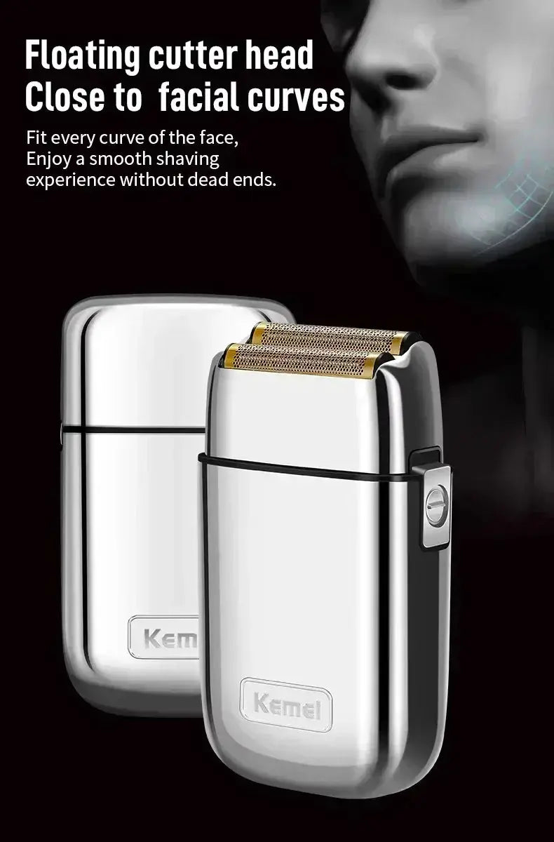 Kemei hair clippers with metal silver bodies and gold blade heads; two devices shown