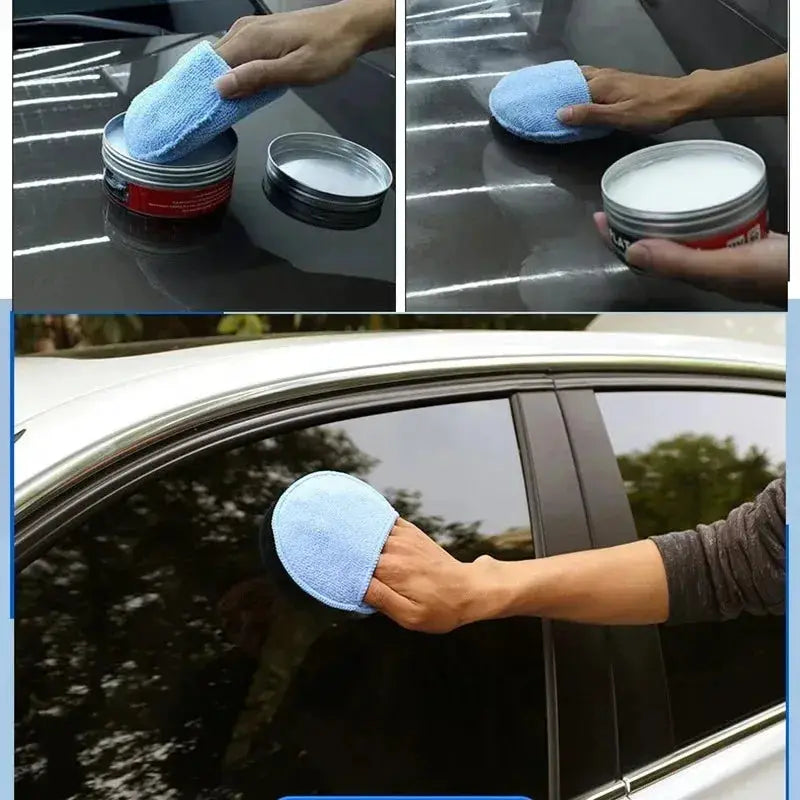 Car detailing applicator pad, blue microfiber round sponge used for waxing and polishing on a car surface