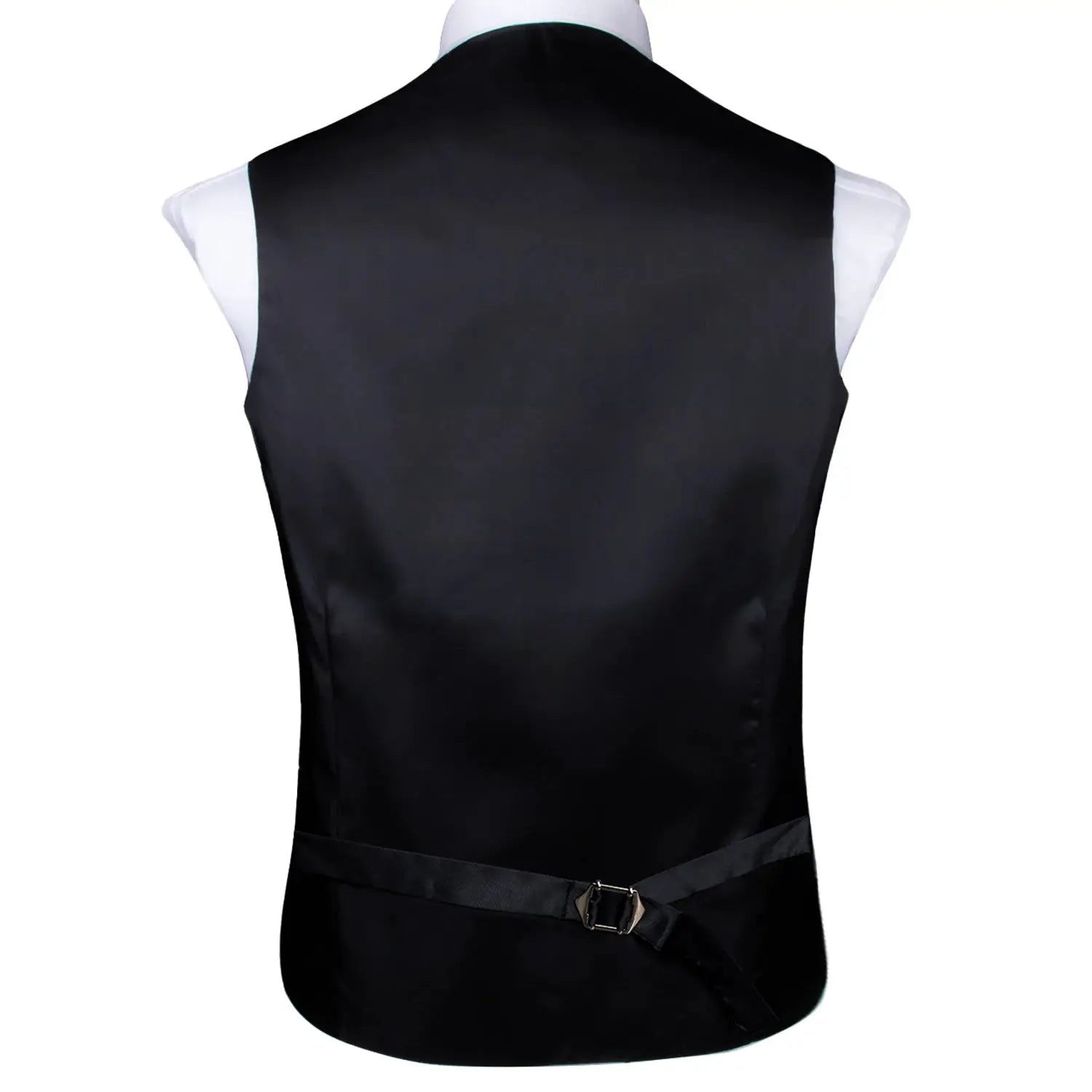 Men's black satin waistcoat back view with belt buckle, Simples Market