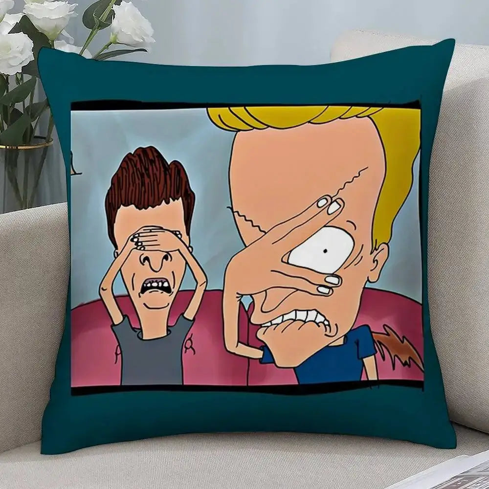 Simples Market Beavis and Butt-Head pillow cover with teal border and double-sided print