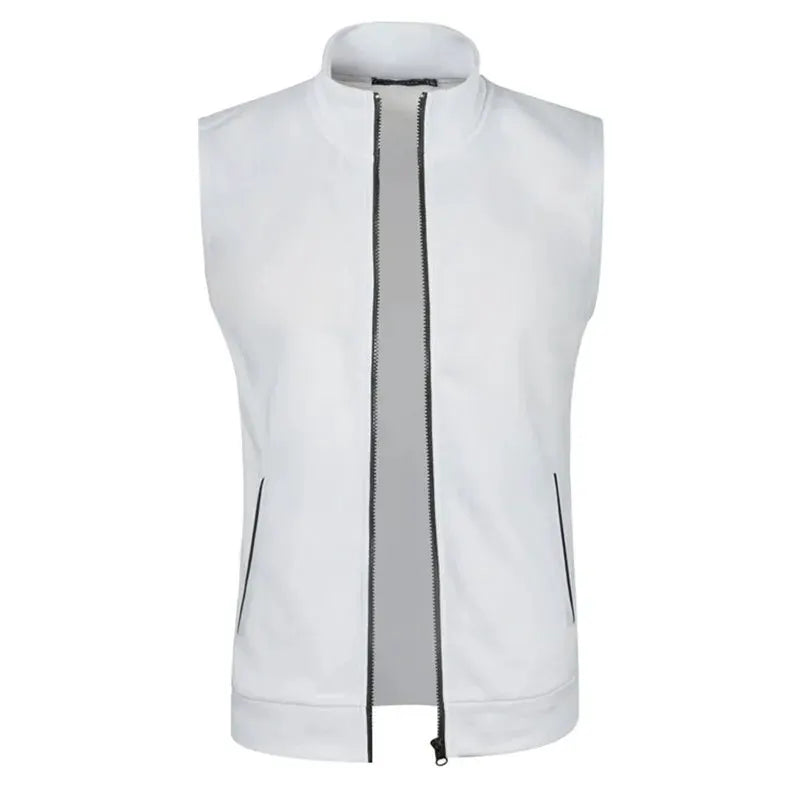 Men's white sleeveless zip vest with stand collar, black zipper trim and side pockets by Simples Market.