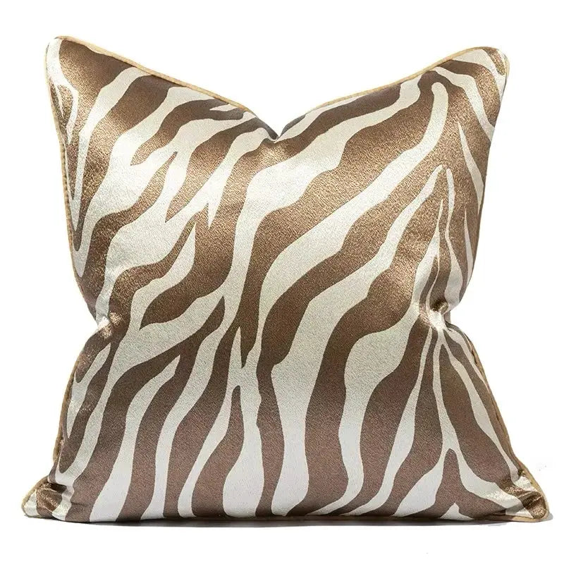 Zebra print jacquard square pillow cover in khaki brown for modern sofa decor.