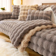 Thick imitation rabbit fur plush sofa slipcover set by Simples Market; non-slip backing in grey beige