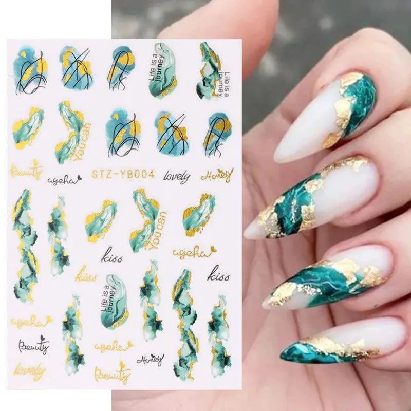 Simples Market nail art decals sheet with colorful teal and gold foil geometric floral stickers