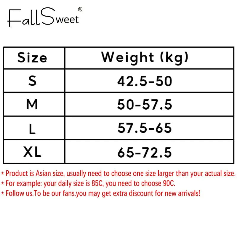 FallSweet size chart for women's posture correction bra; S–XL with 42.5–72.5 kg weight ranges.