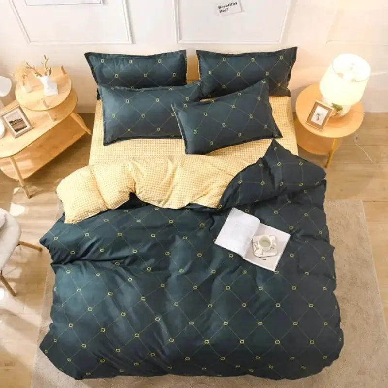 Simples Market four-piece cotton bedding set with dark teal quilt cover and pillowcases, geometric pattern.